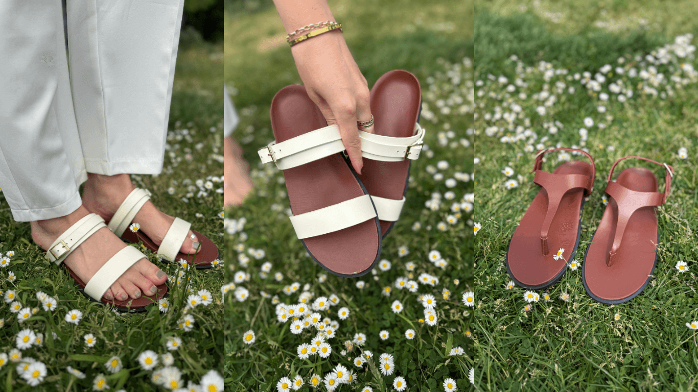 White and brown sandals in grassy field
