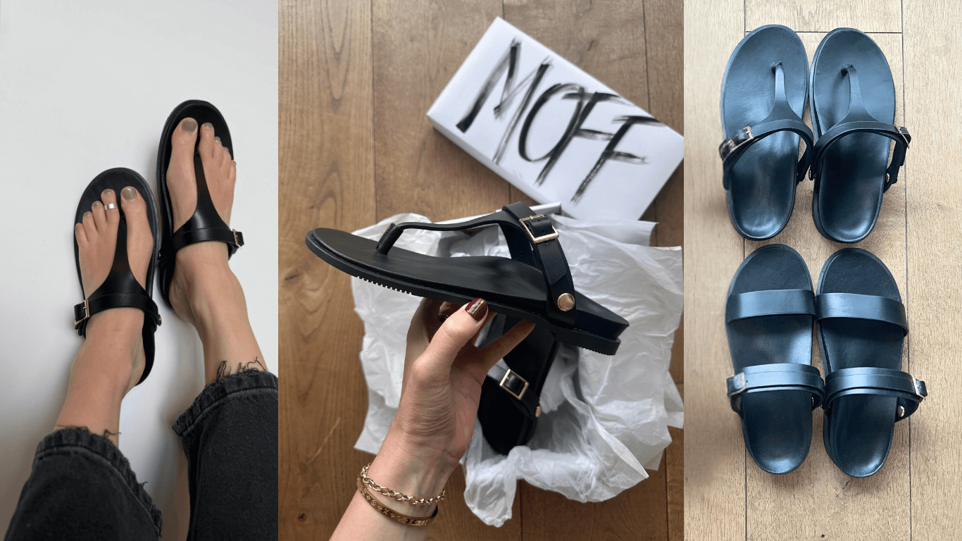 Three pairs of black sandals displayed