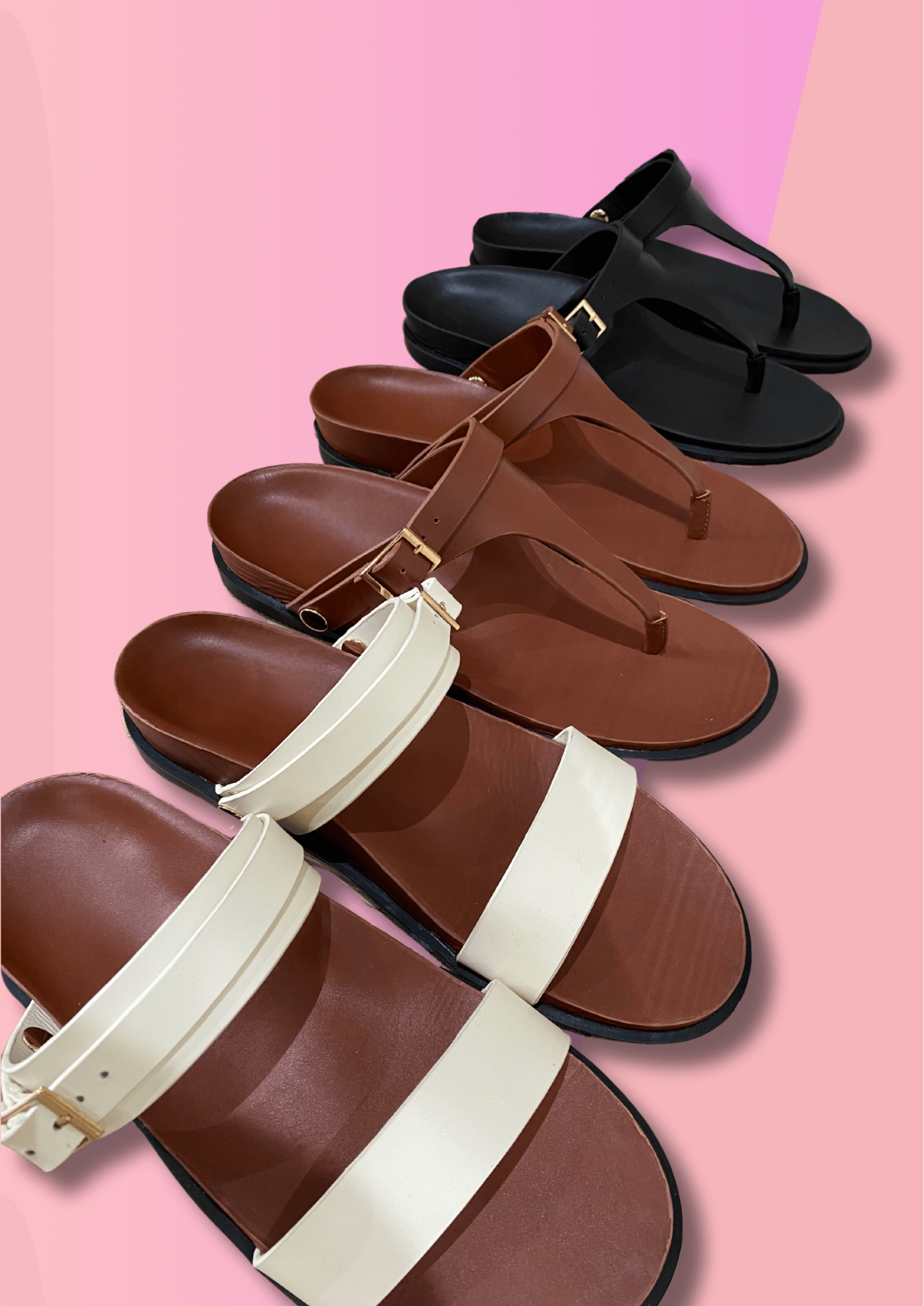 Multiple sandals in white, brown, black